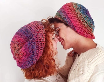 Rainbow Crochet Beanie, Rainbow Knit Beret, Crochet Beret Hat, Chunky Beanie, Slouchy Hat, Colorful Beanie, Stripes Hat, Valentines Gift