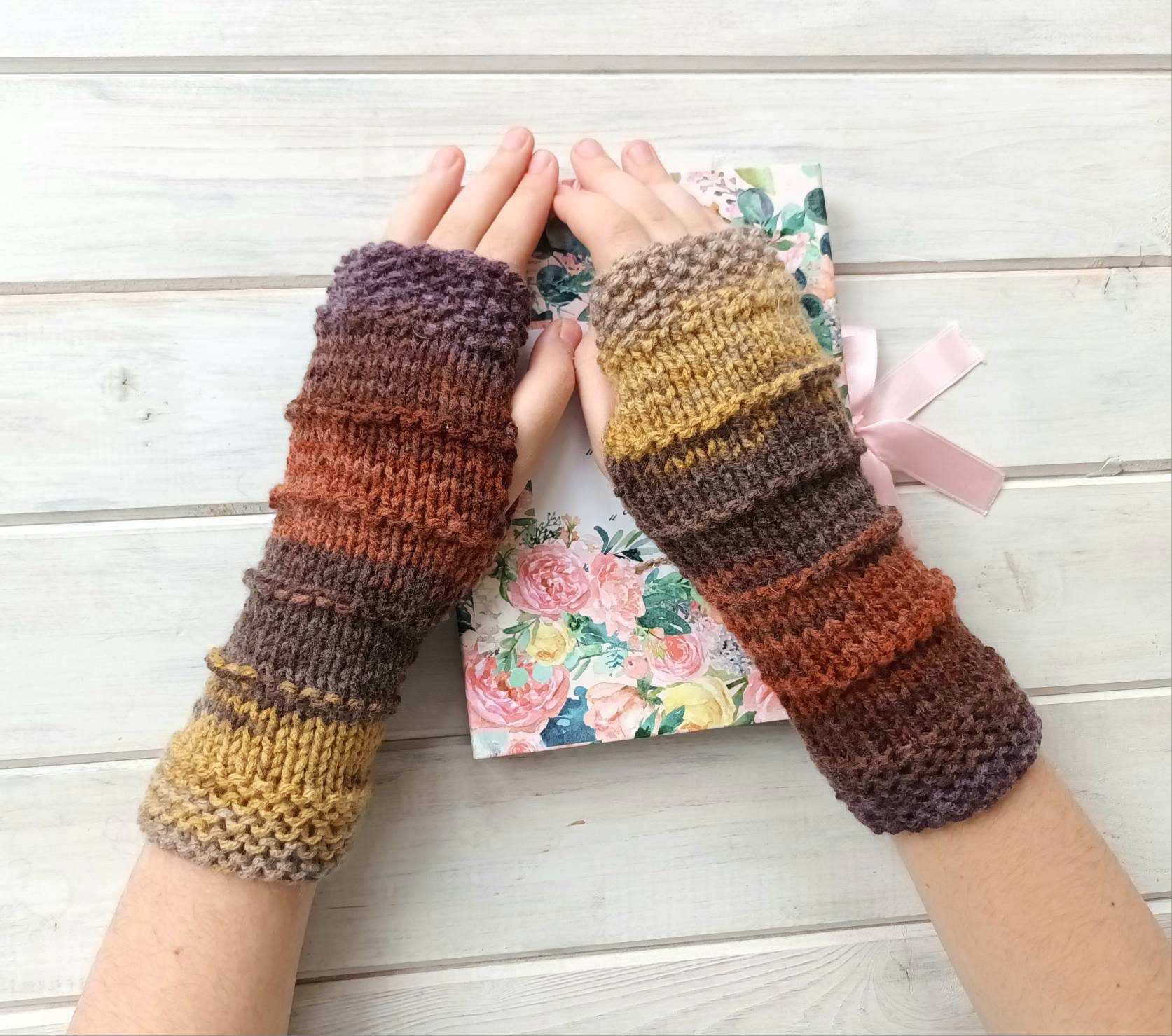 Vegan Arm Warmers, Fingerless Gloves Women, Brown Fingerless Gloves, Long Hand Knitted Mittens, WoodLand Wrist Warmers, Vegan Brown Gloves
