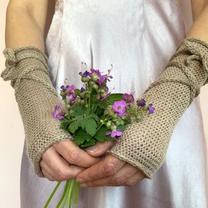 Long Fingerless Gloves, Beige Arm Warmers, Winter Fingerless Mittens, Wool Wrist Warmers, WoodLand Gloves, Beige Knit Mittens, Forest Gloves image 2