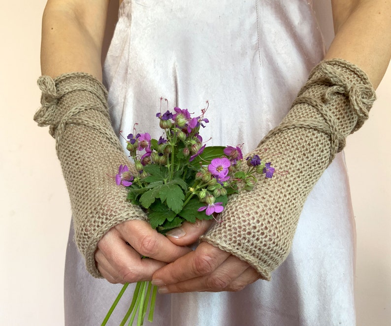 Long Fingerless Gloves, Beige Arm Warmers, Winter Fingerless Mittens, Wool Wrist Warmers, WoodLand Gloves, Beige Knit Mittens, Forest Gloves image 2