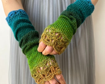 Lange vingerloze handschoenen, groene armwarmers, boshandschoenen, winterhandwarmers, gehaakte handschoenen, kleurrijke handschoenen, sms-handschoenen, vrouwencadeau