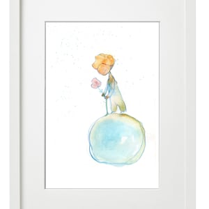 Póster de acuarela con estampado artístico de El principito y la rosa, arte de pared de El principito, decoración de habitación infantil, impresión artística, regalo de cumpleaños y baby shower