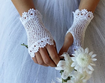 Fingerless Bridal Gloves, Wedding Gloves, Bridal Lace Gloves, White Wedding Gloves, Summer Crochet Gloves, Ivory, Black Gloves, AURORA