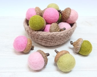 Felt Acorns, Pink Green Acorns, Easter Decor, Montessori Acorns, Wool Acorns, Woodland Wedding Favors, Fairy Nursery Decor, Montessori Play