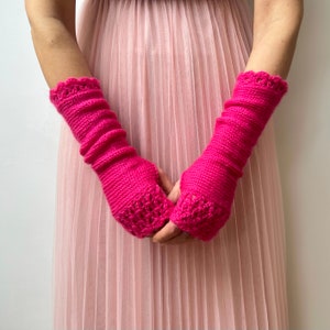 Pink Fingerless Gloves, Hot Pink Arm Warmers, Womens Knit Gloves, Long Fingerless Gloves, Crochet Gloves, Texting Gloves, Valentine Gift Her image 4