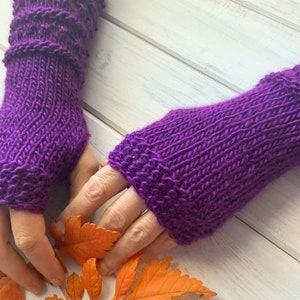 Vegan Gloves, Fingerless Arm Warmers, Purple Gloves Womens, Long Hand Knitted Gloves, Texting Mittens, Winter Wrist Warmers, Christmas Gift image 2