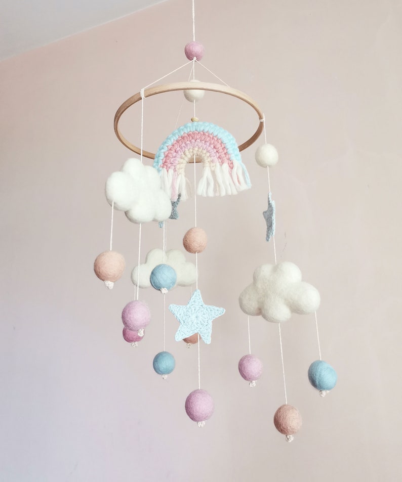 Cloud Baby Mobile, Rainbow Mobile, Baby Girl Mobile, Pink Baby Mobile, Woodland Mobile, Hanging Crib Mobile, Boho Cot Mobile, Montessori image 8