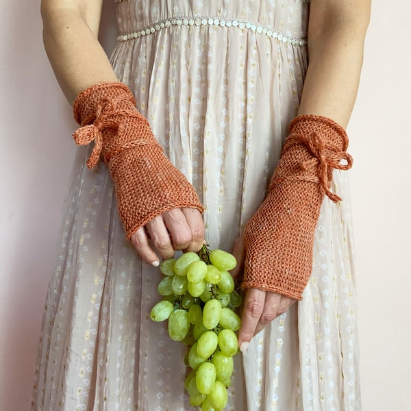 Long Fingerless Gloves, Orange Arm Warmers, Winter Fingerless Mittens, Wool Wrist Warmers, WoodLand Glove, Rust Knit Mittens, Texting Gloves