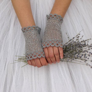 Bridal Lace Gloves, Yellow Crochet Gloves, Summer Fingerless Gloves, Cotton Gloves, Bridesmaids Gloves, Wedding Gloves, Vintage Style Gloves Gray
