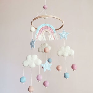 Cloud Baby Mobile, Rainbow Mobile, Baby Girl Mobile, Pink Baby Mobile, Woodland Mobile, Hanging Crib Mobile, Boho Cot Mobile, Montessori image 3