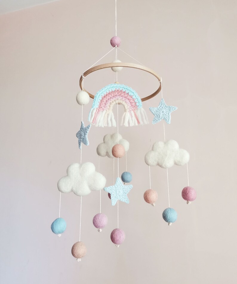 Cloud Baby Mobile, Rainbow Mobile, Baby Girl Mobile, Pink Baby Mobile, Woodland Mobile, Hanging Crib Mobile, Boho Cot Mobile, Montessori image 3