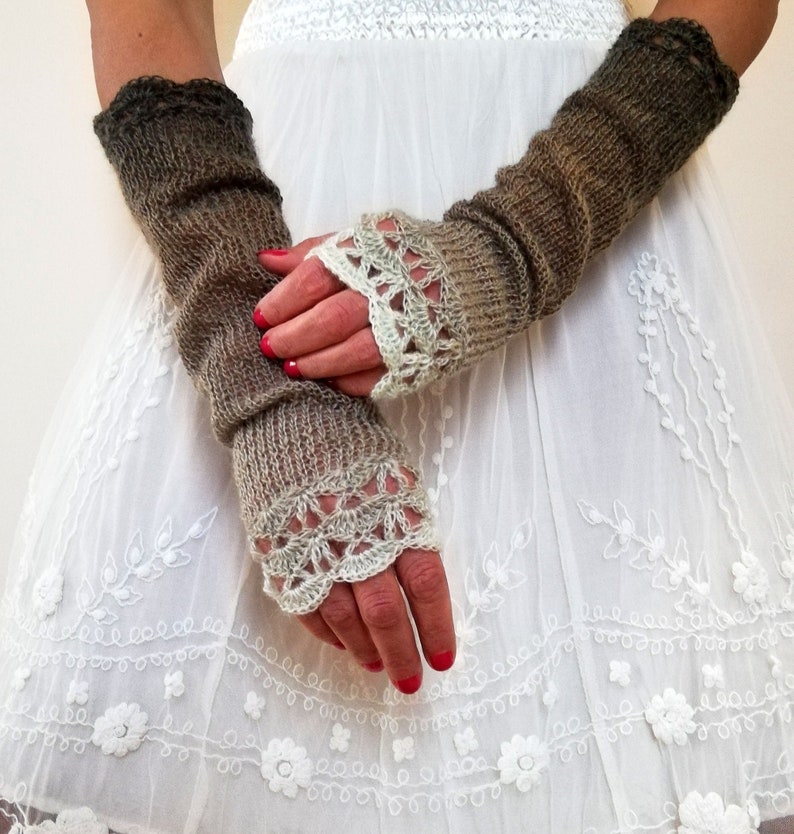 Long Fingerless Gloves, Brown Arm Warmers, Beige Fingerless Mittens, Winter Wrist Warmers, Crochet Gloves, WoodLand Gloves, Forest Gloves image 1