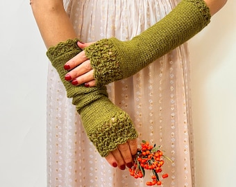 Green Fingerless Gloves, Arm Warmers Womens, Green Fingerless Mittens, Woodland Wrist Warmers, Winter Knit Gloves, Cottagecore Gloves, Gift