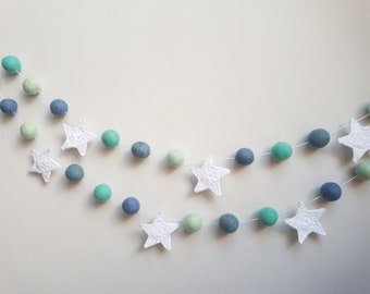 Pom Pom Girlande, Sterne Girlande, Filzkugel Girlande, Blau Mint Wimpelkette, Space Girlande, Neutral Girlande, Baby Shower Wimpelkette, Baby Boy Girlande