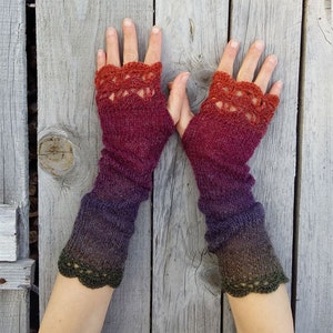 Extra Long Fingerless Gloves Arm Warmers Womens Fingerless Mittens Knitted Wrist Warmers Red Purple Boho Gloves Ombre Mitts Gift Her image 4