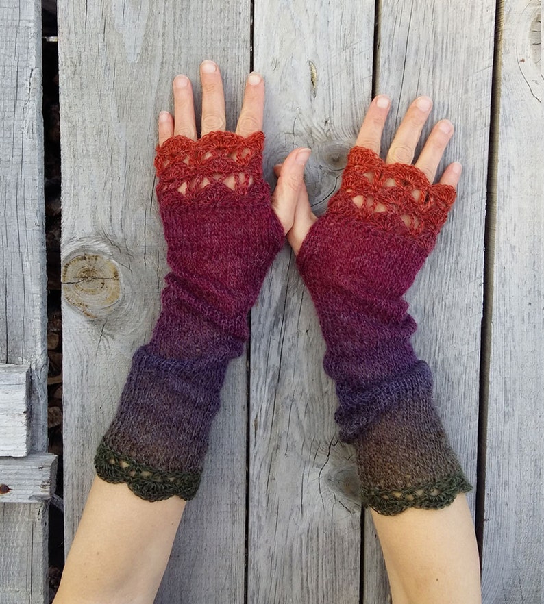 Extra Long Fingerless Gloves Arm Warmers Womens Fingerless Mittens Knitted Wrist Warmers Red Purple Boho Gloves Ombre Mitts Gift Her image 4