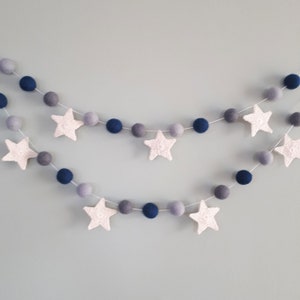 Felt Ball Garland, Pom Pom Garland, Baby Shower Bunting, Space Garland, Monochrome Nursery, Navy Blue Grey Garland, Boy Garland, Stars Decor
