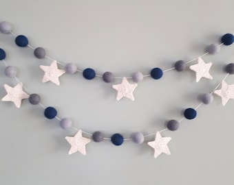 Felt Ball Garland, Pom Pom Garland, Baby Shower Bunting, Space Garland, Monochrome Nursery, Navy Blue Grey Garland, Boy Garland, Stars Decor