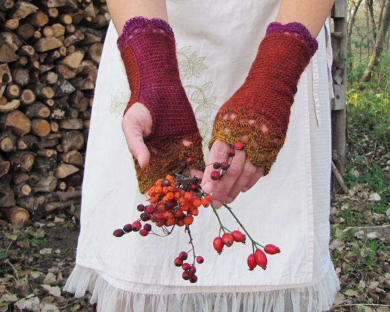 Womens Floral Embroidery Knitted Gloves Autumn Winter Crochet Gloves  Fingerless Wrist Length Mittens Gloves