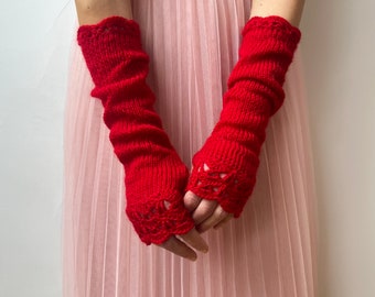 Mitaines rouges, longs gants rouges, manchettes rouges, gants d'hiver femme, mitaines rouges, chauffe-poignets au crochet, cadeau Saint-Valentin