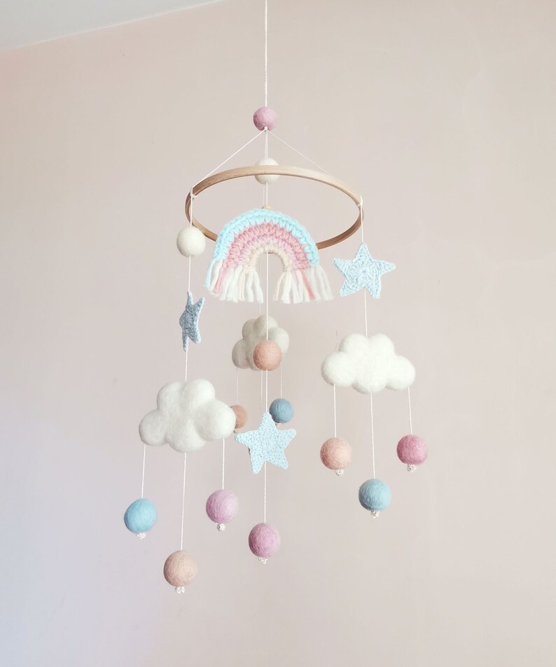 Cloud Baby Mobile, Rainbow Mobile, Baby Girl Mobile, Pink Baby Mobile, Woodland Mobile, Hanging Crib Mobile, Boho Cot Mobile, Montessori image 10