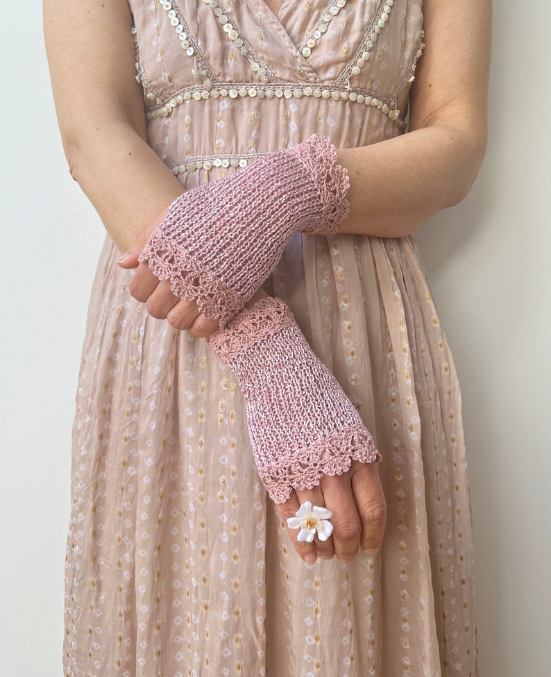 Summer Gloves, Crochet Gloves, Pink Fingerless Gloves, Bridal Gloves, Wedding Lace Gloves, Bridesmaids, Purple Arm Warmer, Cotton Gloves image 4