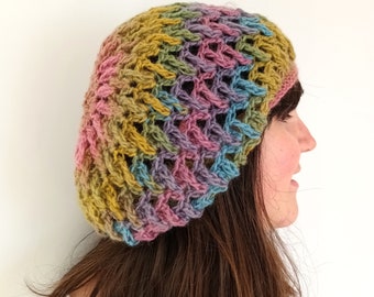 Elegant Crochet Beanie, Rainbow Hat, Womens Colorful Beret, Crochet Beret Hat, Rainbow Knit Beret, Boho Knit Hat, Slouchy Hat, Gift for Her