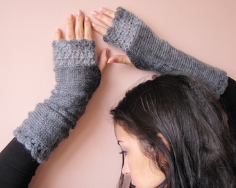 Guantes grises sin dedos, guantes grises largos, calentadores de brazos para mujer, calentadores de muñeca grises, guantes de ganchillo grises, guantes de mensajes de texto, guantes de invierno cálidos