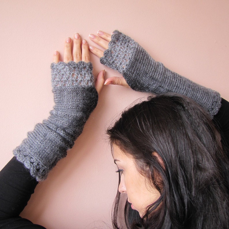 Grey Fingerless Gloves, Long Grey Gloves, Arm Warmers Womens, Grey Wrist Warmers, Grey Crochet Gloves, Texting Gloves, Warm Winter Mittens image 1