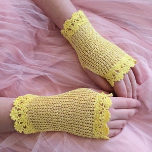 Bridal Lace Gloves, Yellow Crochet Gloves, Summer Fingerless Gloves, Cotton Gloves, Bridesmaids Gloves, Wedding Gloves, Vintage Style Gloves image 2