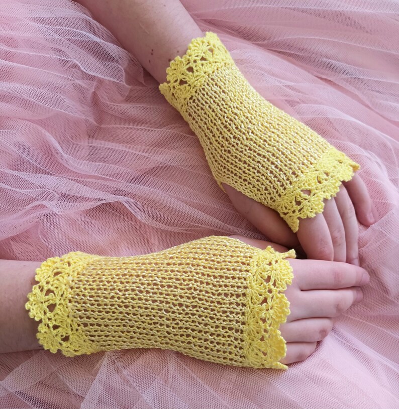 Bridal Lace Gloves, Yellow Crochet Gloves, Summer Fingerless Gloves, Cotton Gloves, Bridesmaids Gloves, Wedding Gloves, Vintage Style Gloves image 2