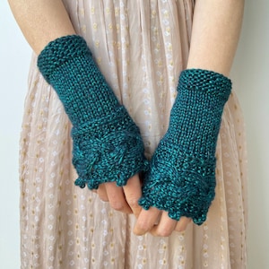 Fingerless Gloves, Outlander Arm Warmers, Teal Wrist Warmers, Cottage Gloves, Winter Knit Mittens, Teal Gloves, Hand Knit Gloves