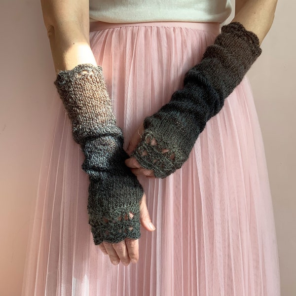 Fingerless Gloves Womens, Extra Long Arm Warmers, Brown Wrist Warmers, Winter Knit Mittens, Crochet Gloves, WoodLand Mitts, Fairy Gloves