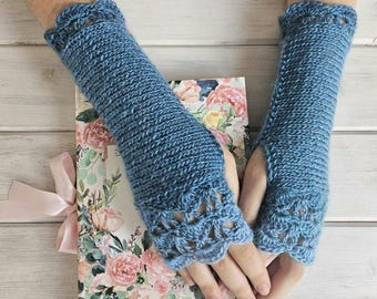 Blue Fingerless Gloves, Blue Wrist Warmers, Crochet Gloves, Fingerless Mittens, Texting Gloves Womens, Knit Arm Warmers, Fairy Gloves, Gift
