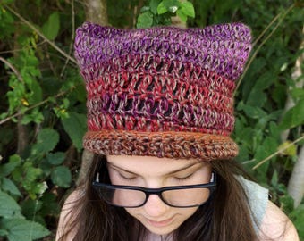 Crochet Cat Hat, Brown Purple Striped Beanie, Chunky Knit Ears Hat, Anime Aesthetic Kitty Beanie, Y2K Grunge Fairycore Hat, Pussycat Hat