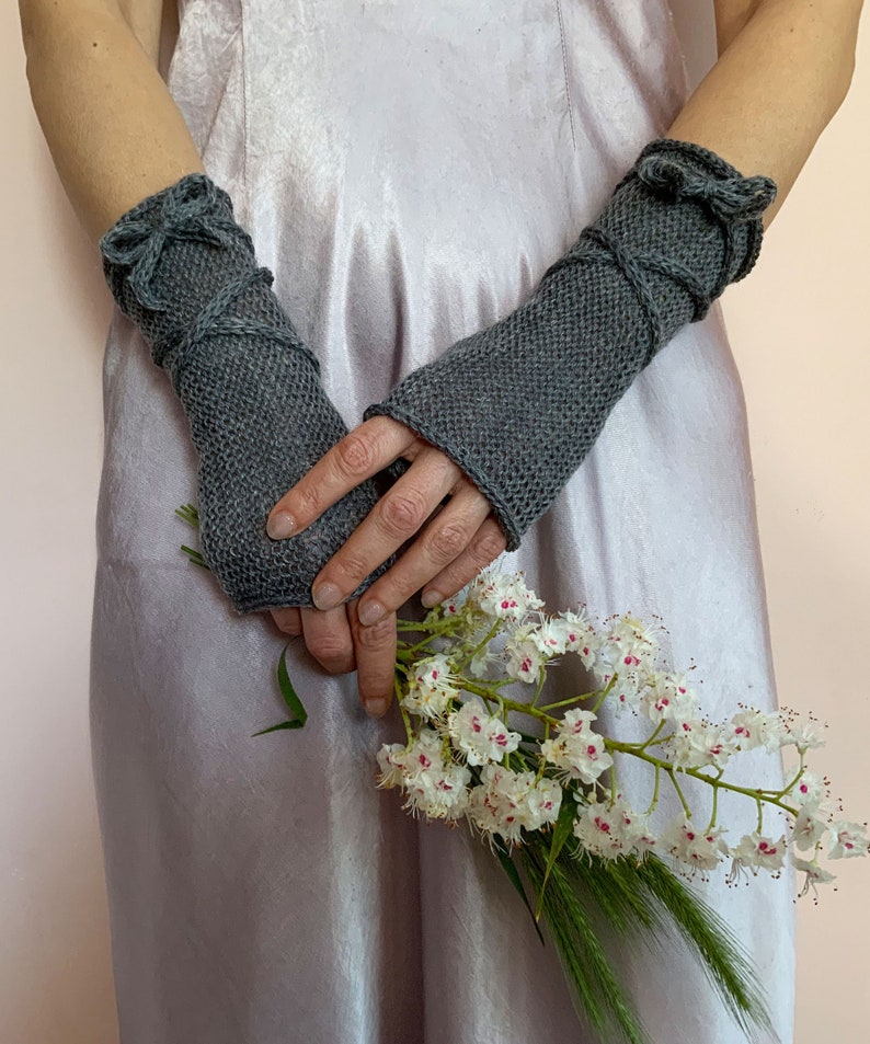 Grey Fingerless Gloves, Womens Arm Warmers, Long Fingerless Mittens, Outlander Gloves, Knit Wrist Warmers, Wool Gloves, Texting Gloves image 3