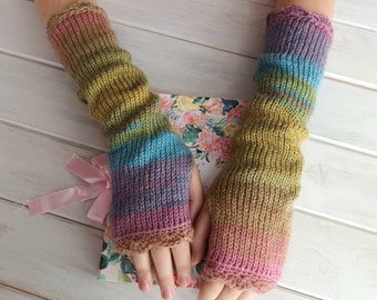 Long Fingerless Gloves, Rainbow Arm Warmers, Womens Wrist Warmers, Colorful Gloves, Warm Hand Warmers, Winter Knit Mittens, Rainbow Gloves