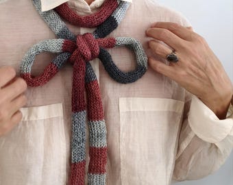 Extra Long Skinny Knit Scarf, Red, Grey, Charcoal Stripes Scarf, Headband Bow, Wool Knit Neck Tie, Cozy Fall Accessory, Christmas Gift Her