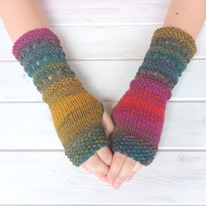 Vegan Arm Warmers, Fingerless Gloves Womens, Green Red Gloves, Long Hand Knitted Mittens, WoodLand Wrist Warmers, Cottage Gloves, Gift Her
