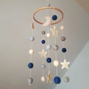 Space Baby Mobile, Moon Cot Mobile, Blue Grey Mobile, Stars Cot Mobile, Boy Baby Mobile, Monochrome, Felt Balls Mobile, Planets Baby Mobile image 9