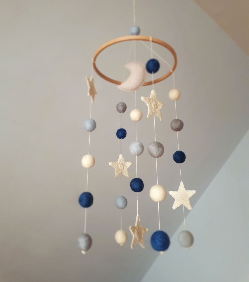 Space Baby Mobile, Moon Cot Mobile, Blue Grey Mobile, Stars Cot Mobile, Boy Baby Mobile, Monochrome, Felt Balls Mobile, Planets Baby Mobile image 9