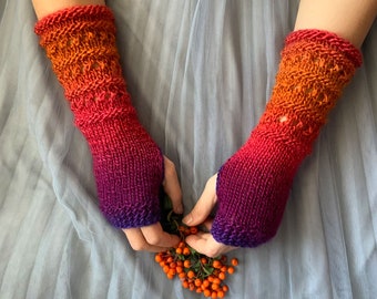Knitted Fingerless Gloves Rainbow Hand Arm Warmers Vegan Gloves Long Knitted Mittens Boho Wrist Warmers Womens Gift Brown Green Knit Gloves