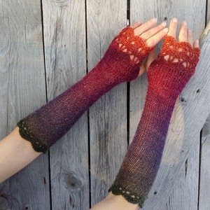 Extra Long Fingerless Gloves Arm Warmers Womens Fingerless Mittens Knitted Wrist Warmers Red Purple Boho Gloves Ombre Mitts Gift Her image 1