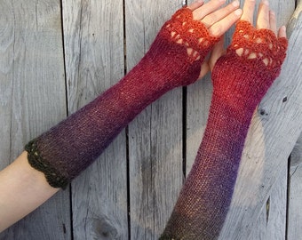 Extra Long Fingerless Gloves Arm Warmers Womens Fingerless Mittens Knitted Wrist Warmers Red Purple Boho Gloves Ombre Mitts Gift Her