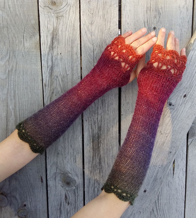 Extra Long Fingerless Gloves Arm Warmers Womens Fingerless Mittens Knitted Wrist Warmers Red Purple Boho Gloves Ombre Mitts Gift Her image 1