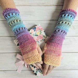 Vegan Fingerless Gloves, Rainbow Arm Warmers, Long Hand Knitted Gloves Fingerless Mittens Womens, Warm Winter Gloves, Boho Wrist Warmers