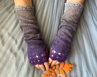 Long Fingerless Gloves, Purple Arm Warmers, Purple Wrist Warmers, Knit Warm Mittens, Winter Gloves Womens, Boho Hand Warmers, Crochet Gloves