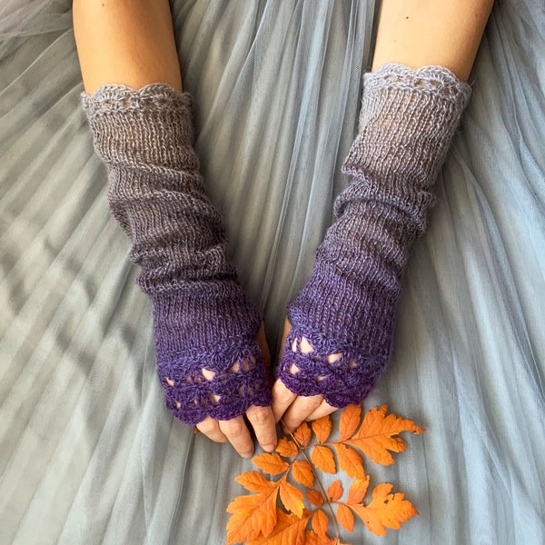 Long Fingerless Gloves, Purple Arm Warmers, Purple Wrist Warmers, Knit Warm Mittens, Winter Gloves Womens, Boho Hand Warmers, Crochet Gloves