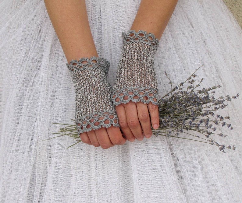 Summer Gloves, Crochet Gloves, Pink Fingerless Gloves, Bridal Gloves, Wedding Lace Gloves, Bridesmaids, Purple Arm Warmer, Cotton Gloves Gray