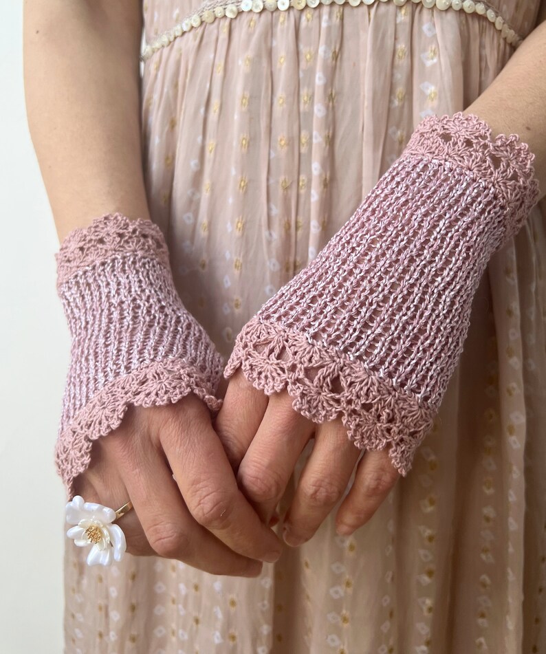 Summer Gloves, Crochet Gloves, Pink Fingerless Gloves, Bridal Gloves, Wedding Lace Gloves, Bridesmaids, Purple Arm Warmer, Cotton Gloves image 3